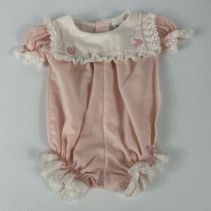 0-3M Girl's Sailor Bubble Romper Bryan VTG Striped Pink Lace USA Infant